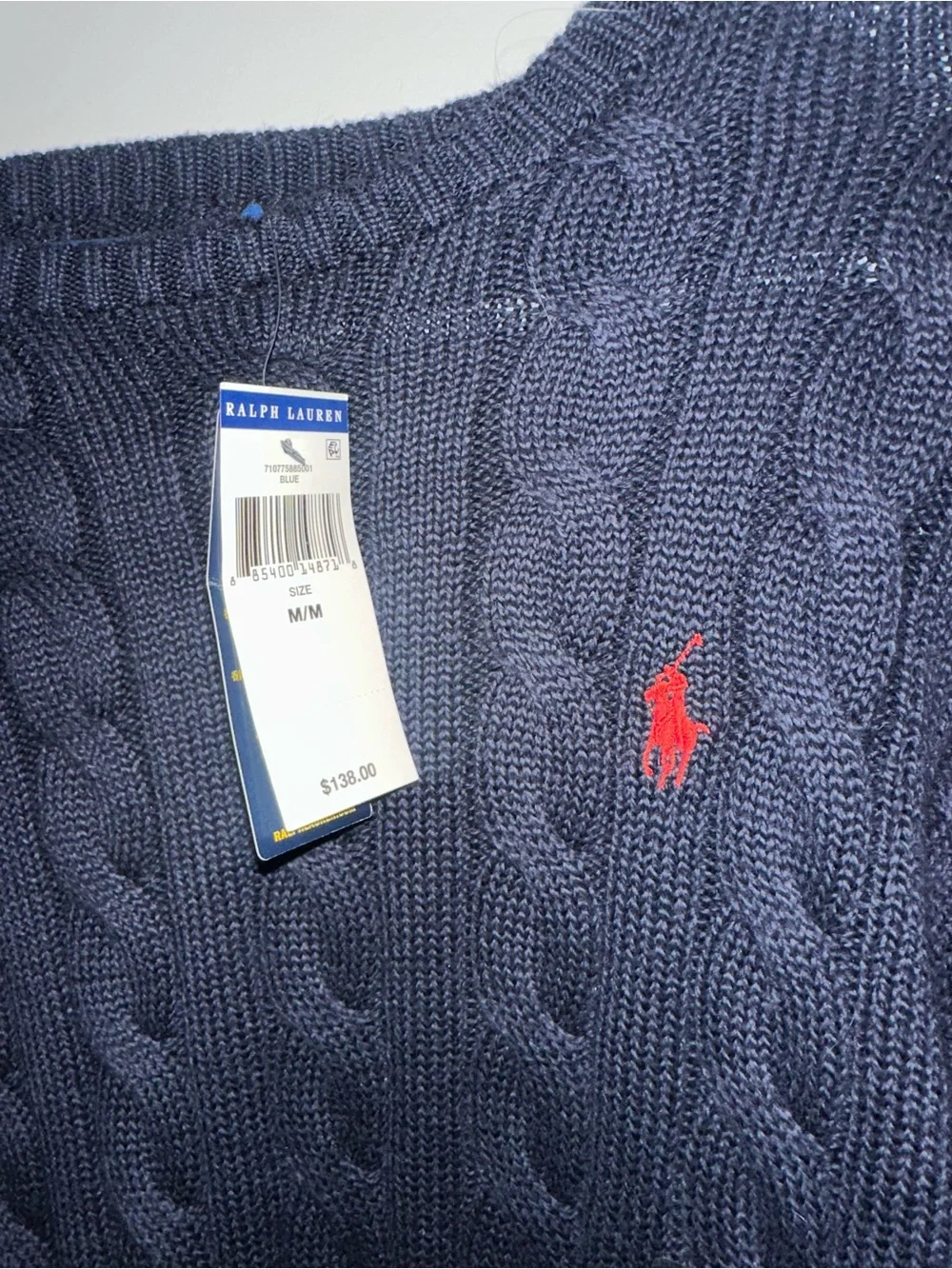 NWT Polo by Ralph Lauren Navy Cable-Knit Crewneck with Red Pony